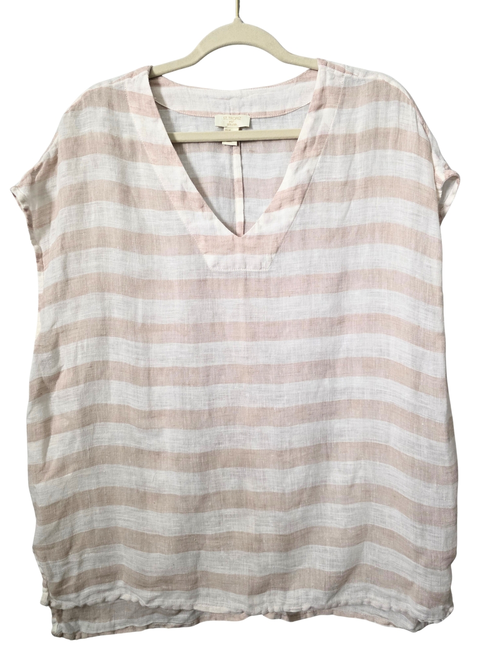 St. Tropez Blush Pink and White Striped V-Neck Tunic 100% Linen